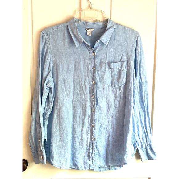 L.L. Bean Women’s 100% Linen Lgt. Blue Button Up Blouse-Large - Picture 1 of 4